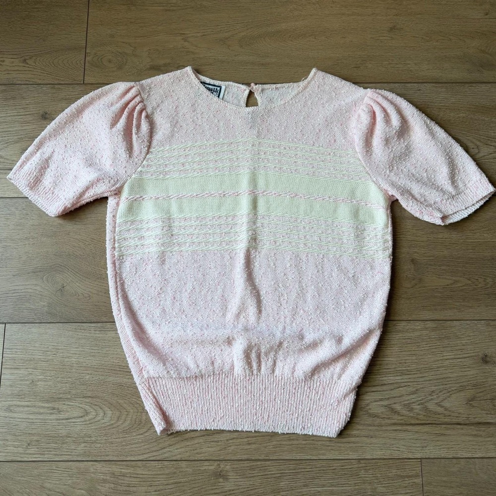 Vintage 80s 90s KENETH TOO! Pink White Short Sleeve Patterned Striped Small